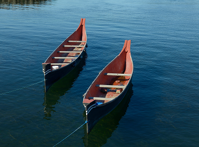 A photo of kanoes on a body of water with clear skies